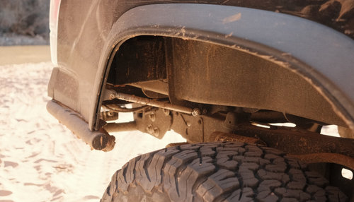 Close-up of a vehicle's undercarriage with a focus on the suspension and tire.